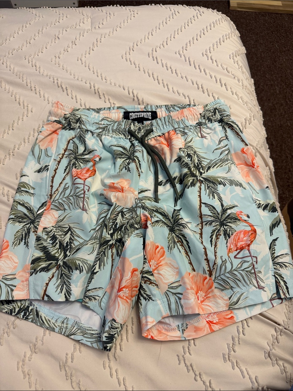Tropical Flamingo Swim Shorts - Light Blue & Coral